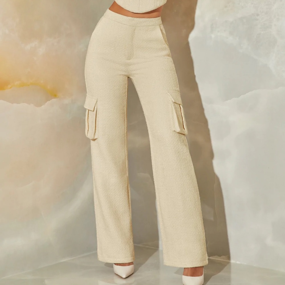 Tweed Straight Leg Cargo Trousers In Stone